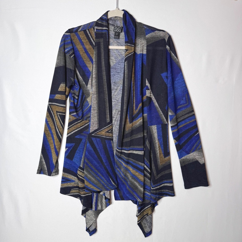 Clara Sun Woo Cardigan Sz M Blue Geometric Draped Open Front Art Wear Artsy